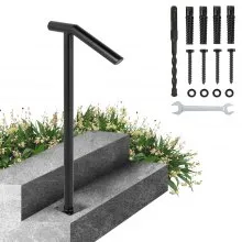 VEVOR Round Type Metal Handrail Step Handrail 2 Steps Handrails for Outdoor Steps Handrails 18L x 38H Inch Steps Stair Railing for Steps with One Bolt Down Post