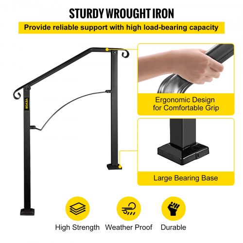 VEVOR Handrails for Outdoor Steps, Fit 2 or 3 Steps Outdoor Stair Railing, Arch#2 Wrought Iron Handrail, Flexible Porch Railing, Black Transitional Handrails for Concrete Steps or Wooden Stairs