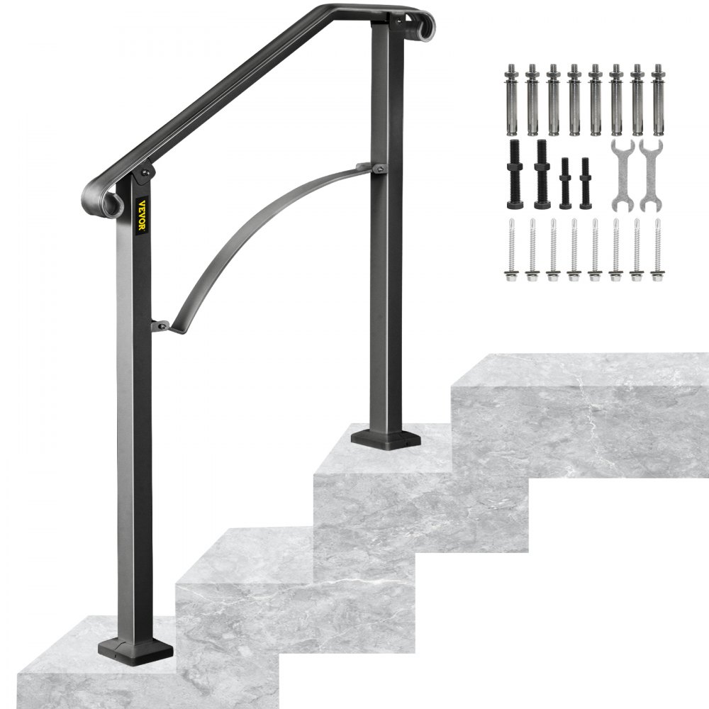 VEVOR Handrails for Outdoor Steps, Fit 2 or 3 Steps Outdoor Stair Railing, Arch#2 Wrought Iron Handrail, Flexible Porch Railing, Black Transitional Handrails for Concrete Steps or Wooden Stairs