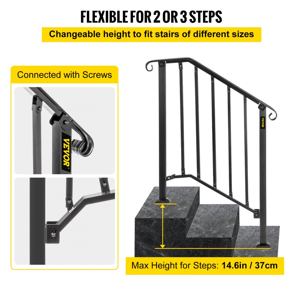 VEVOR Handrails for Outdoor Steps, Fit 2 or 3 Steps Outdoor Stair Railing, Picket#2 Wrought Iron Handrail, Flexible Porch Railing, Black Transitional Handrails for Concrete Steps or Wooden Stairs