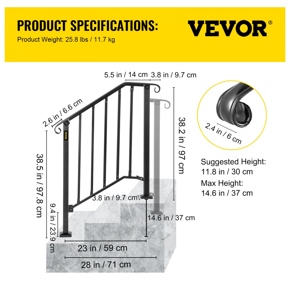 VEVOR Handrails for Outdoor Steps, Fit 2 or 3 Steps Outdoor Stair Railing, Picket#2 Wrought Iron Handrail, Flexible Porch Railing, Black Transitional Handrails for Concrete Steps or Wooden Stairs