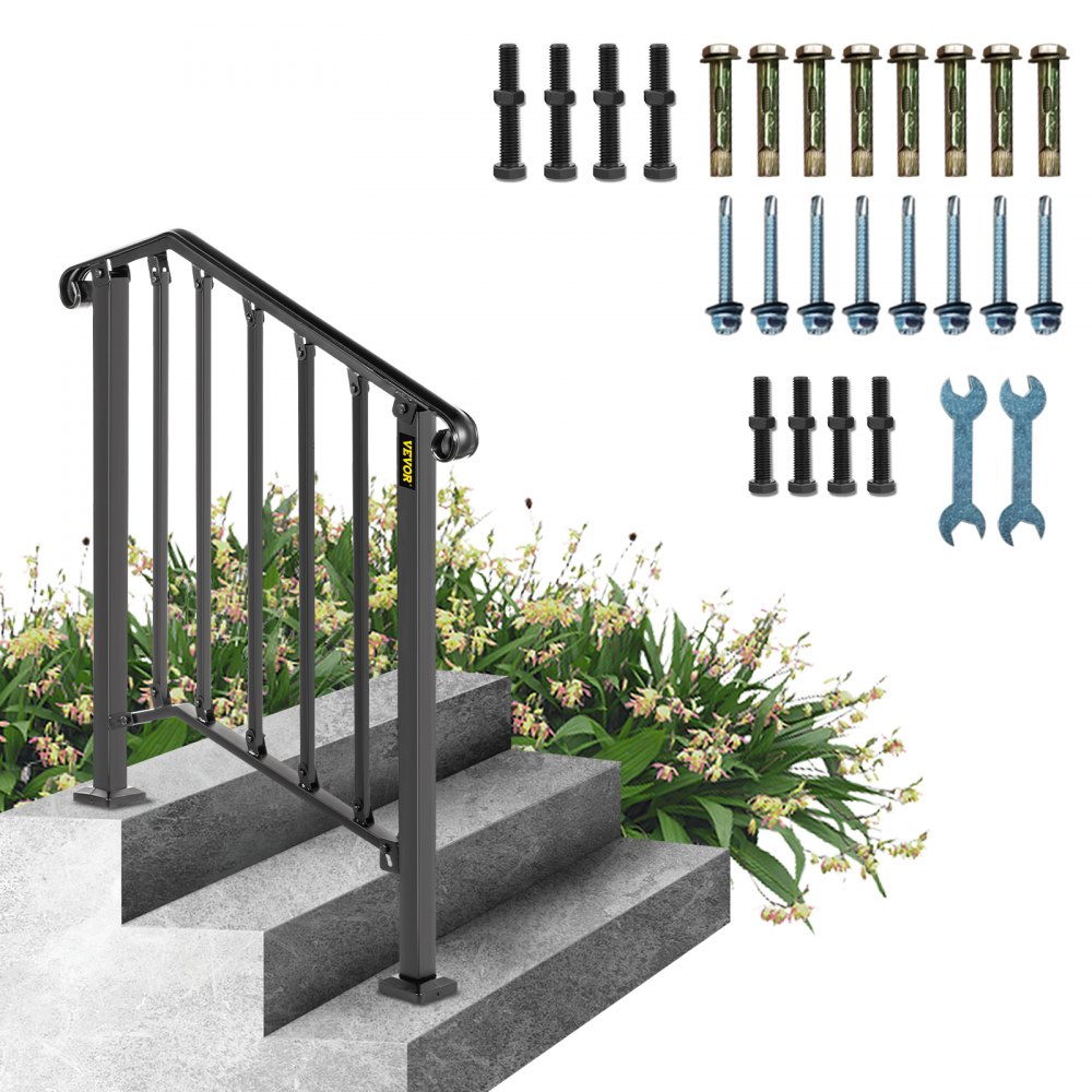 VEVOR outdoor handrails for concrete steps, including bolts, anchors, screws, and wrenches