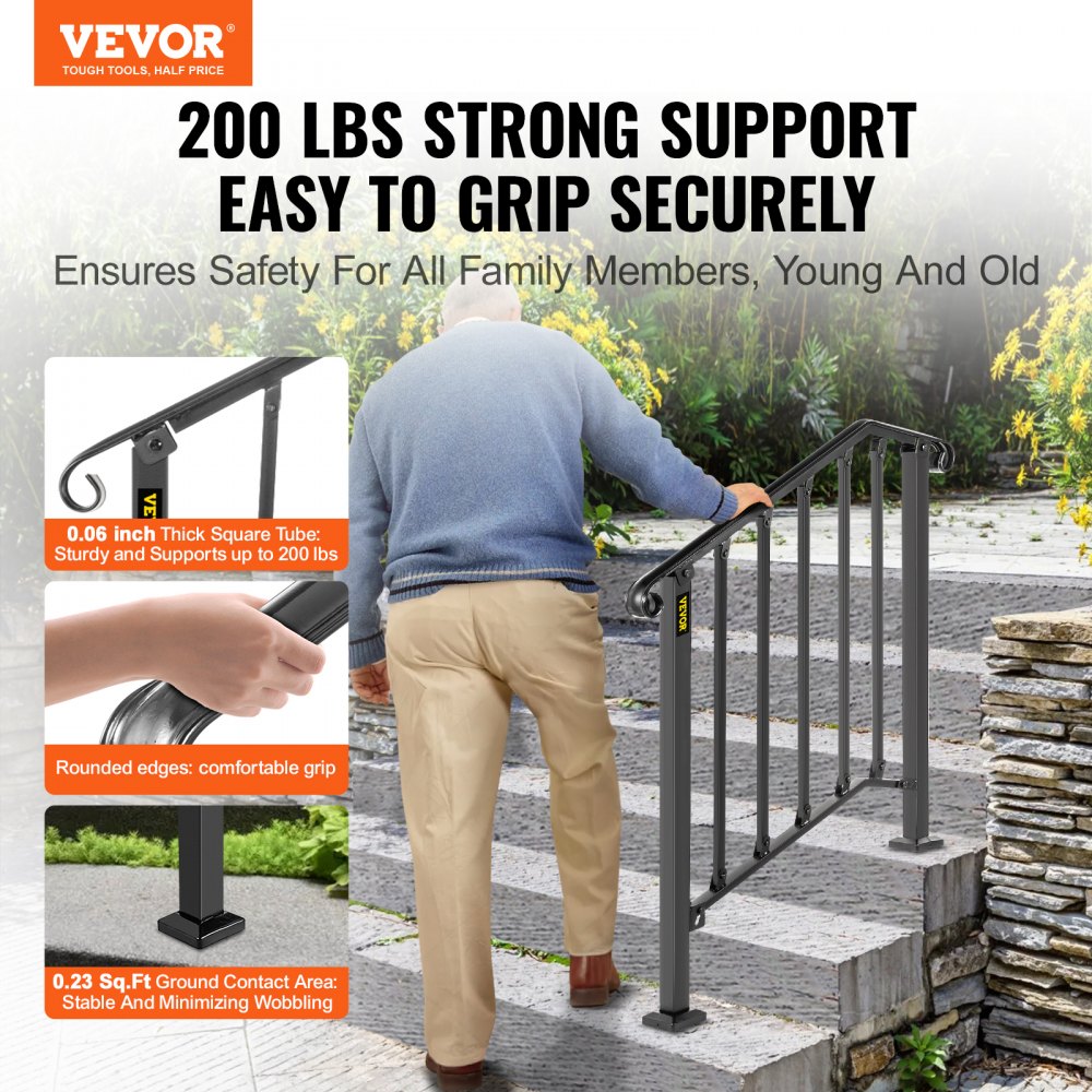 VEVOR Iron Step Handrail Outdoor Stairs 2 or 3 Steps Adjustable Black Handrail