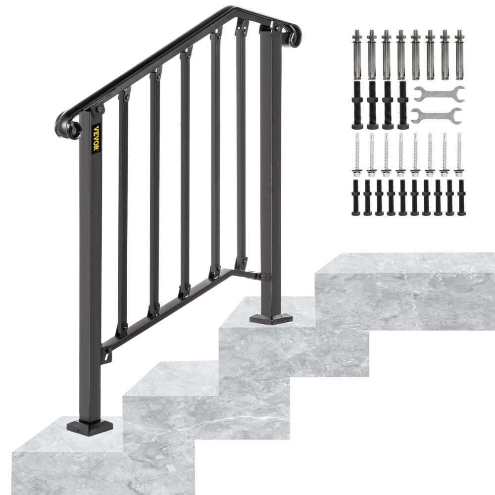 VEVOR Handrails for Outdoor Steps, Fit 2 or 3 Steps Outdoor Stair Railing, Picket#2 Wrought Iron Handrail, Flexible Porch Railing, Black Transitional Handrails for Concrete Steps or Wooden Stairs