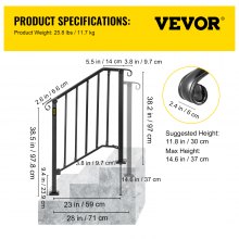 VEVOR Handrail Picket #2 Fits 2 or 3 Steps Matte Black Stair Rail Wrought Iron Handrail Black Transitional Hand railings for Concrete Steps or Wooden Stairs with Installation Kit