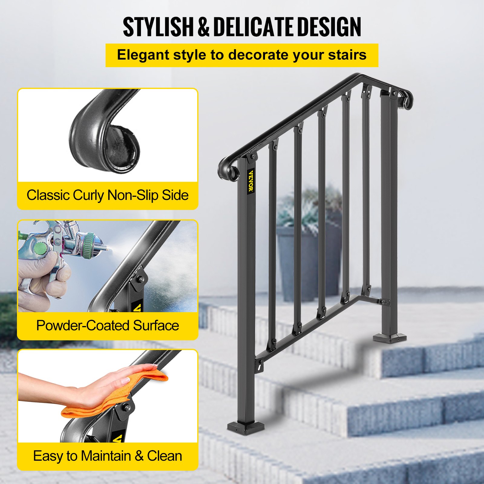 VEVOR Handrails for Outdoor Steps, Fit 2 or 3 Steps Outdoor Stair Railing, Picket#2 Wrought Iron Handrail, Flexible Porch Railing, Black Transitional Handrails for Concrete Steps or Wooden Stairs