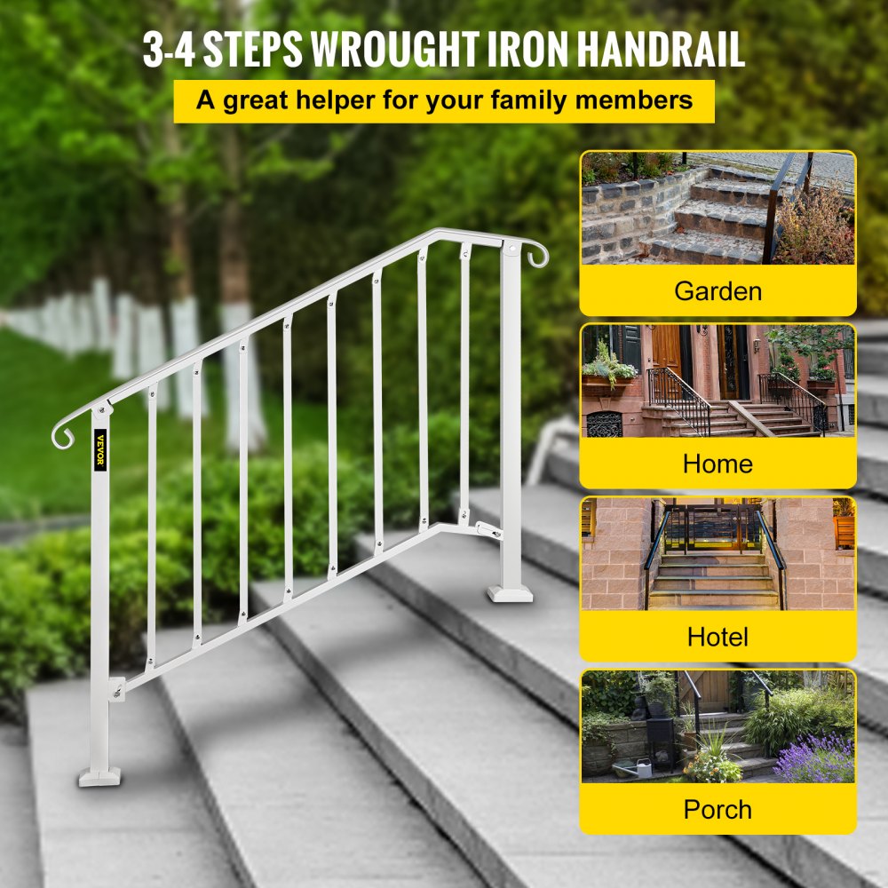 VEVOR Wrought Iron Handrail Picket #3 Fits 3 or 4 Steps for Outdoor Steps White