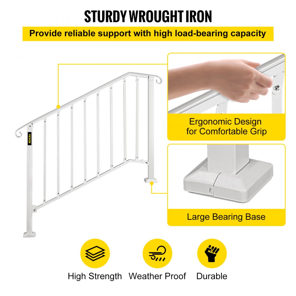VEVOR Wrought Iron Handrail Picket #3 Fits 3 or 4 Steps for Outdoor Steps White