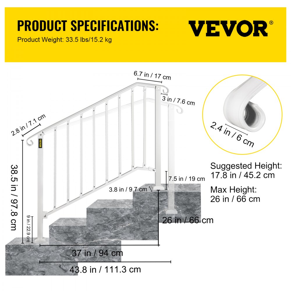 VEVOR Wrought Iron Handrail Picket #3 Fits 3 or 4 Steps for Outdoor Steps White