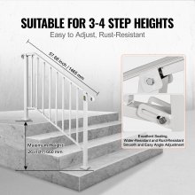 VEVOR Fit 3 or 4 Steps Outdoor Stair Railing, Handrails for Outdoor Steps, Picket#3 Wrought Iron Handrail, Flexible Porch Railing, White Transitional Handrails for Concrete Steps or Wooden Stairs