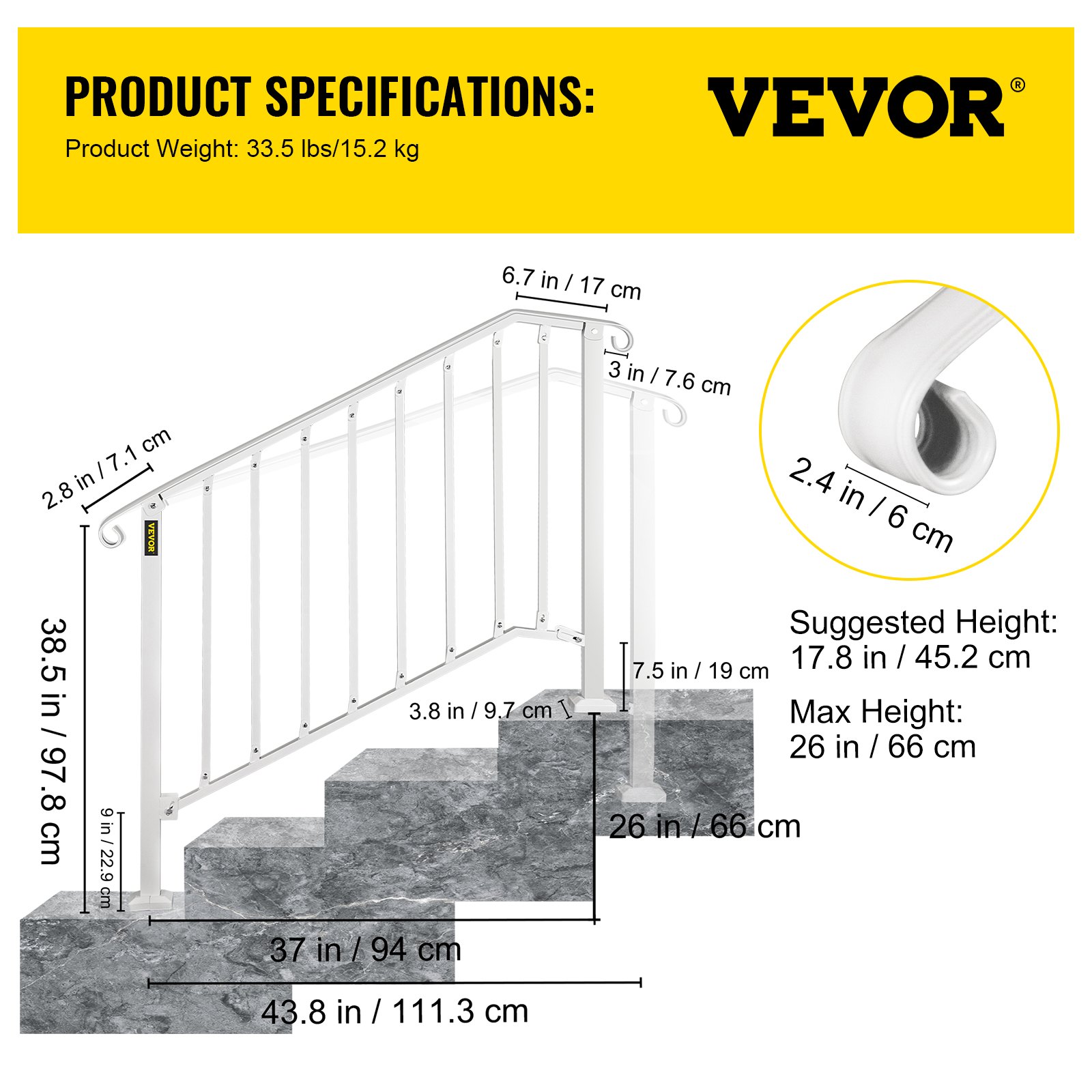 VEVOR Wrought Iron Handrail Picket #3 Fits 3 or 4 Steps for Outdoor Steps White