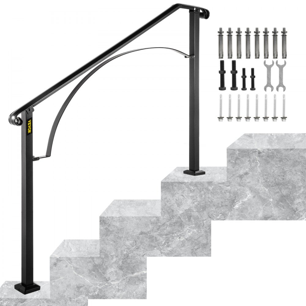 VEVOR Rampes pour marches extérieures, s'adapte aux rampes d'escalier extérieures à 3 ou 4 marches, main courante en fer forgé arche n°3, rampe de porche flexible, rampes de transition noires pour marches en béton ou escaliers en bois