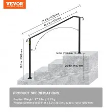 VEVOR Handrails for Outdoor Steps, Fit 3 or 4 Steps Outdoor Stair Railing, Arch#3 Wrought Iron Handrail, Flexible Porch Railing, Black Transitional Handrails for Concrete Steps or Wooden Stairs