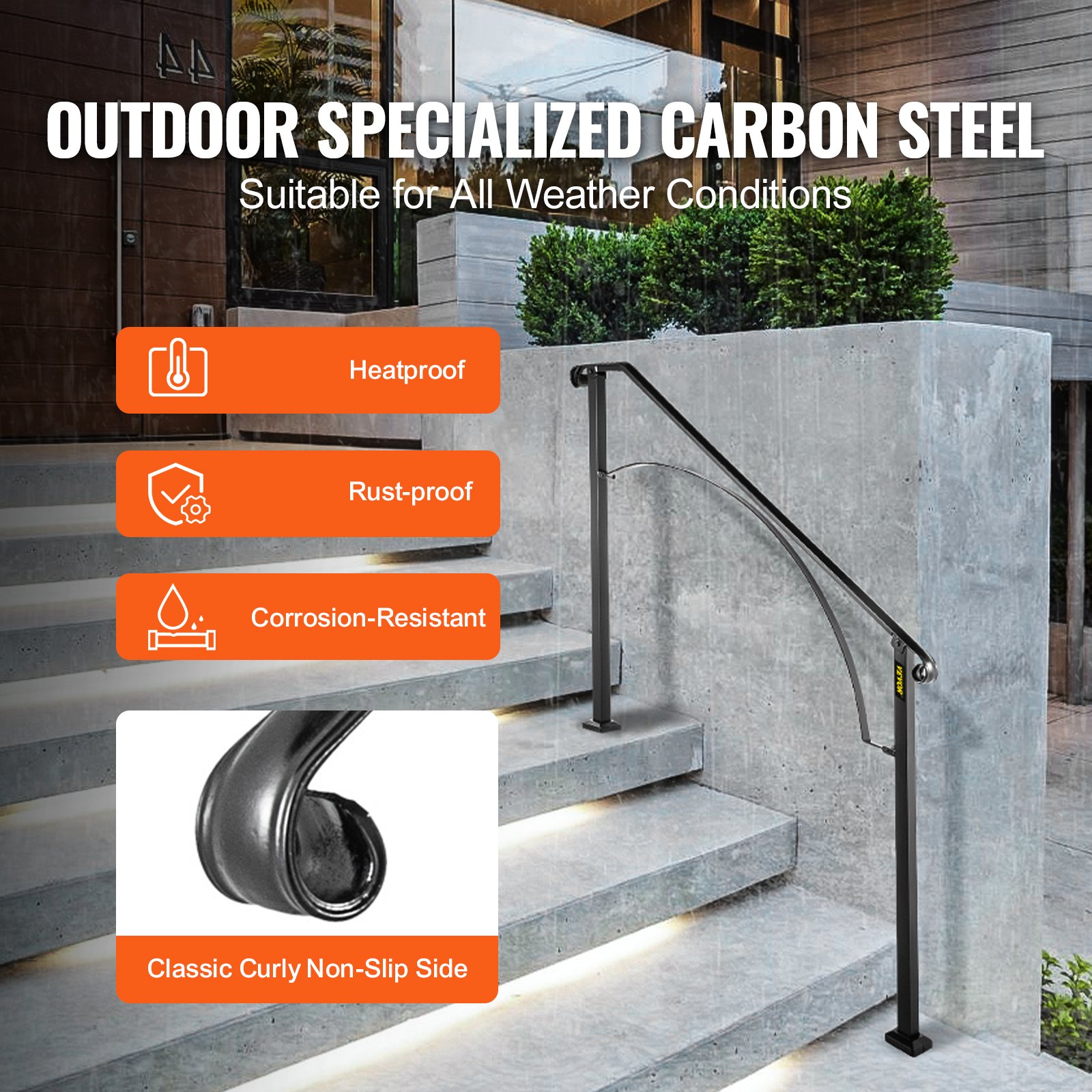 VEVOR outdoor handrails in carbon steel, heatproof, rust-proof, corrosion-resistant.