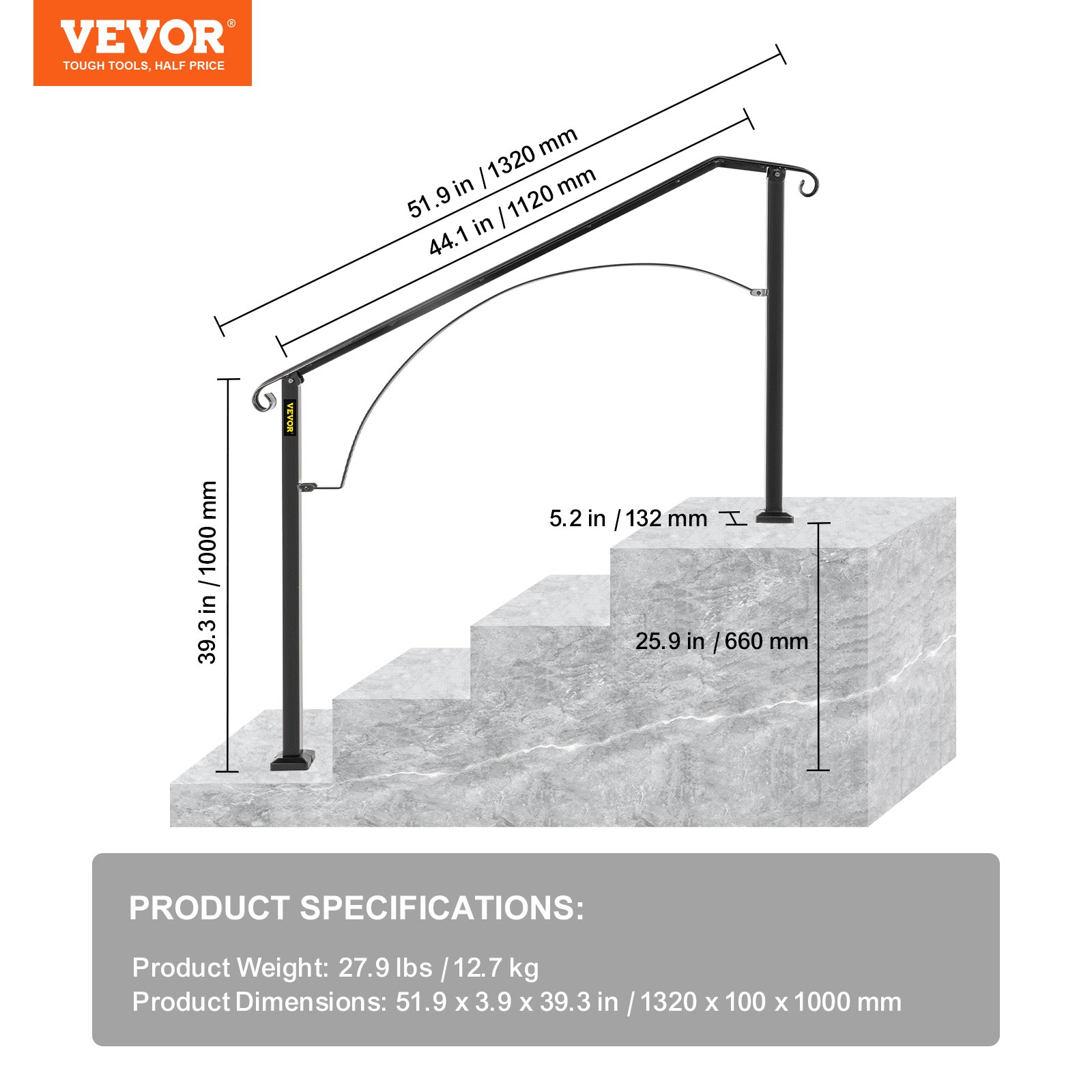 VEVOR outdoor handrails stair dimensions and specifications.