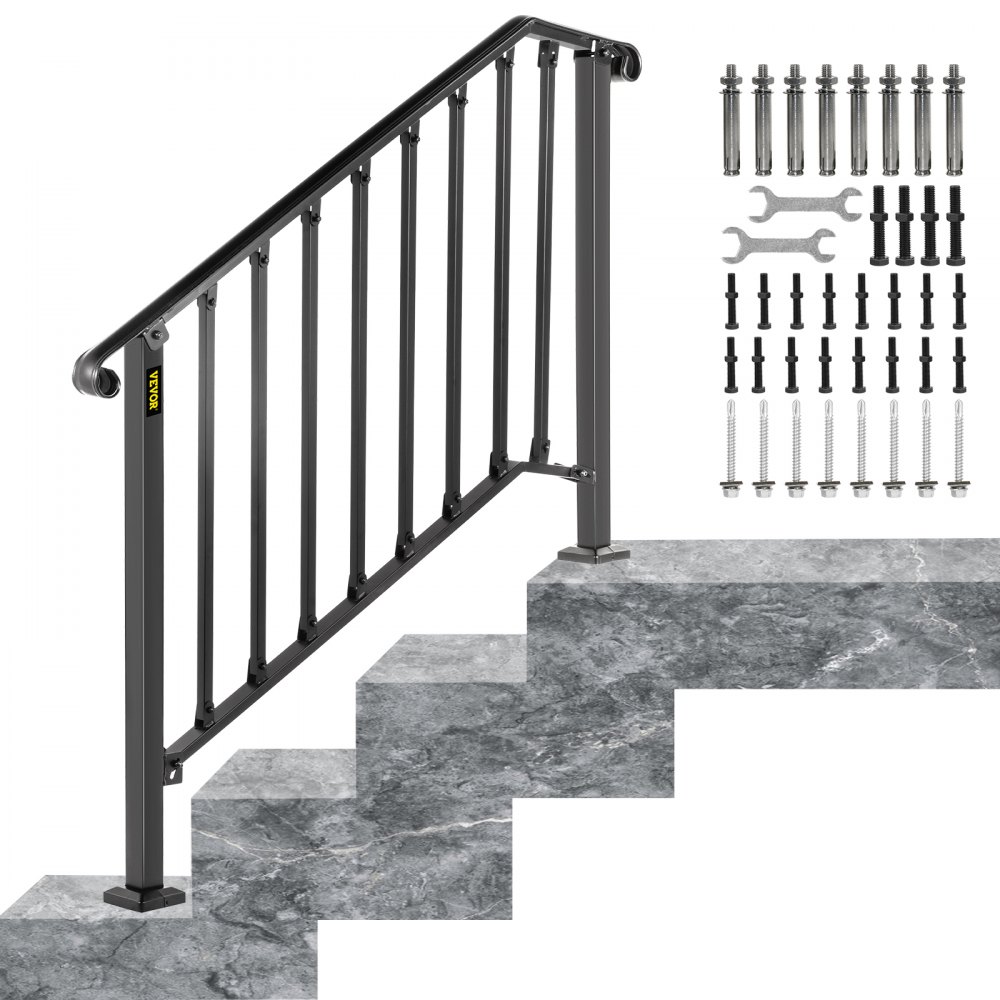 VEVOR Rampes pour marches extérieures, pour rampe d'escalier extérieure à 3 ou 4 marches, rampe en fer forgé n°3, rampe de porche flexible, rampes de transition noires pour marches en béton ou escaliers en bois