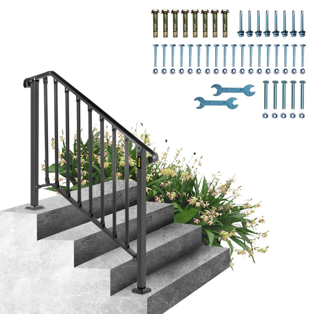 VEVOR outdoor handrails on concrete steps with hardware and tools for assembly.