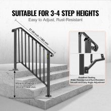 VEVOR Handrails for Outdoor Steps, Fit 3 or 4 Steps Outdoor Stair Railing, Picket#3 Wrought Iron Handrail, Flexible Porch Railing, Black Transitional Handrails for Concrete Steps or Wooden Stairs