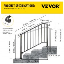 VEVOR Iron Step Handrail Stair Railing Kit Fit 3 Steps Black Outdoor Deck Rail
