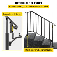 VEVOR Pasamanos para escalones al aire libre, se adapta a barandilla de escalera exterior de 3 o 4 escalones, pasamanos de hierro forjado piquete n.º 3, barandilla de porche flexible, pasamanos de transición negros para escalones de hormigón o escaleras de madera