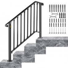 VEVOR Pasamanos para escalones al aire libre, se adapta a barandilla de escalera exterior de 3 o 4 escalones, pasamanos de hierro forjado piquete n.º 3, barandilla de porche flexible, pasamanos de transición negros para escalones de hormigón o escaleras de madera