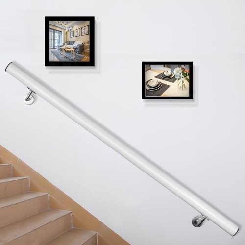 VEVOR Stair Handrail 3ft Length Stair Rail Aluminum Handrails for Stairs 200lbs Load Capacity Stairway Railing Round Steel Pipes Hand Rails for Indoor Stairs Wall Mount Staircase(White,3ft Length)