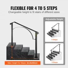 VEVOR Handrails for Outdoor Steps, Fit 4 or 5 Steps Outdoor Stair Railing, Arch#4 Wrought Iron Handrail, Flexible Porch Railing, Black Transitional Handrails for Concrete Steps or Wooden Stairs