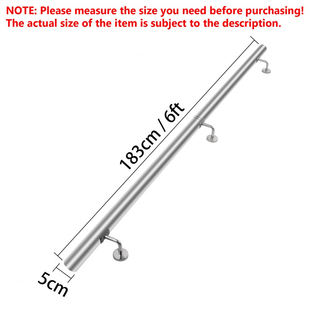 VEVOR Stair Handrail 6ft Stair Rail Stainless Steel Modern Handrails for Stairs 200lbs Capacity Indoor Handrail for Stairs Wall Mounted Stairway Railing with Wall Brackets End Caps Quick Install
