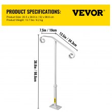 VEVOR-Pasamanos de un solo poste, soportes de agarre para escalones de montaje en poste de hierro forjado blanco, se adapta a 1 o 2 escalones, barandilla de un solo poste