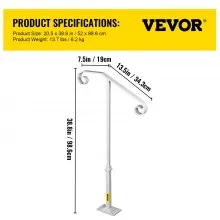 VEVOR Single Post Handrail White Wrought Iron Post Mount Step Grab Supports Fits 1 or 2 Steps Grab Rail Single Post Railing