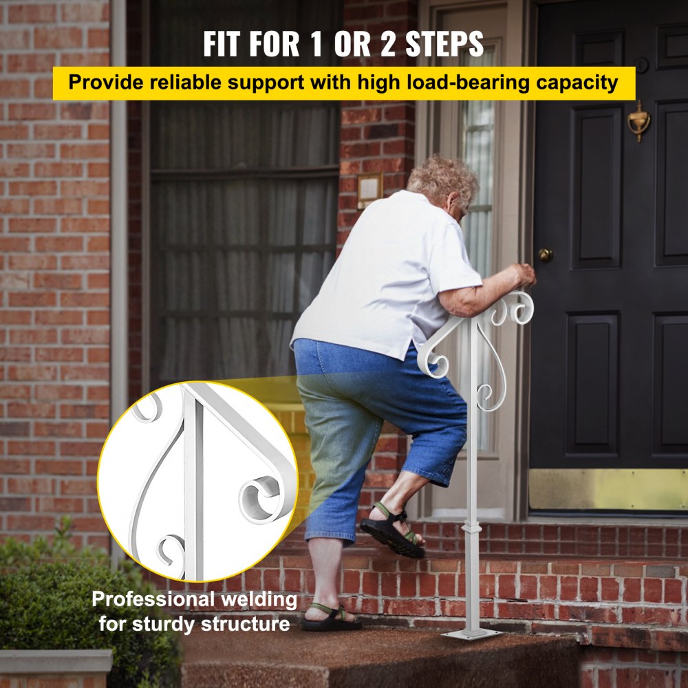 VEVOR Handrails for Outdoor Steps, Fit 1 or 2 Steps Outdoor Stair Railing, Single Post Wrought Iron Handrail Flower Design, White Porch Railings for Concrete Steps or Wooden Stairs with Base