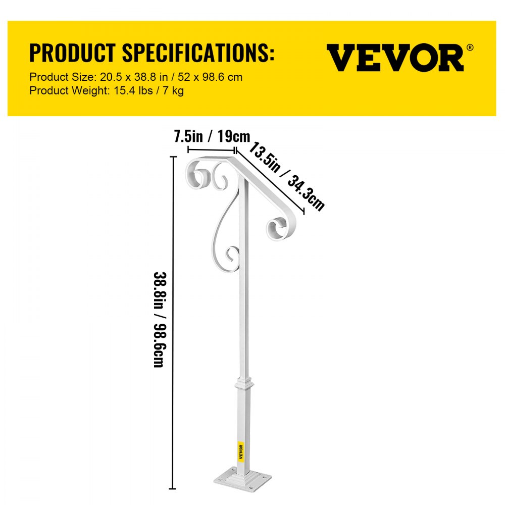 VEVOR Handrails for Outdoor Steps, Fit 1 or 2 Steps Outdoor Stair Railing, Single Post Wrought Iron Handrail Flower Design, White Porch Railings for Concrete Steps or Wooden Stairs with Base