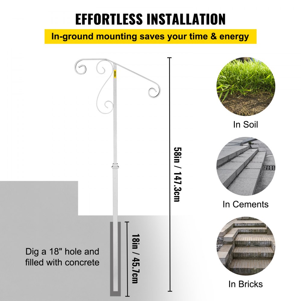 VEVOR Handrails for Outdoor Steps, Fit 1 or 2 Steps Outdoor Stair Railing, Single Post Wrought Iron Handrail Flower Design, White Porch Railings for Concrete Steps or Wooden Stairs Without Base
