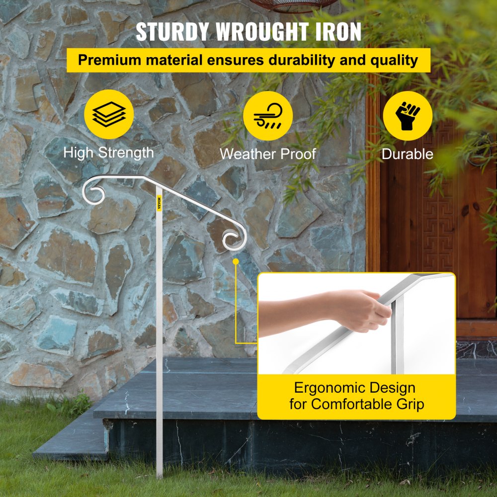 VEVOR Single Post Handrail Wrought Iron Post Mount Step Grab Supports in Ground Long Post Fits 1 or 2 Steps Grab Rail Single Post Railing