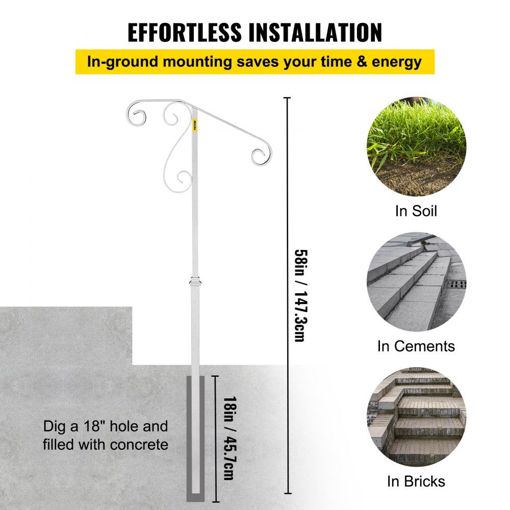 VEVOR Single Post Handrail Wrought Iron Post Mount Step Grab Supports in Ground Long Post Fits 1 or 2 Steps Grab Rail Single Post Railing