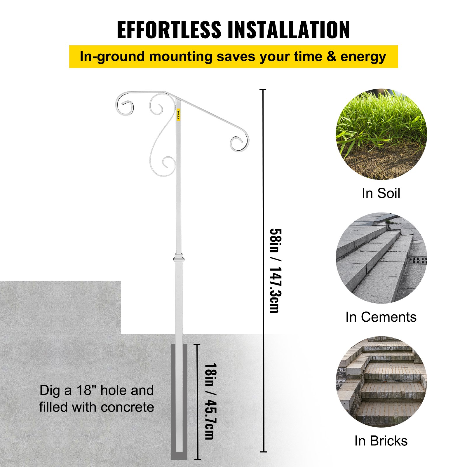 VEVOR Single Post Handrail Wrought Iron Post Mount Step Grab Supports in Ground Long Post Fits 1 or 2 Steps Grab Rail Single Post Railing