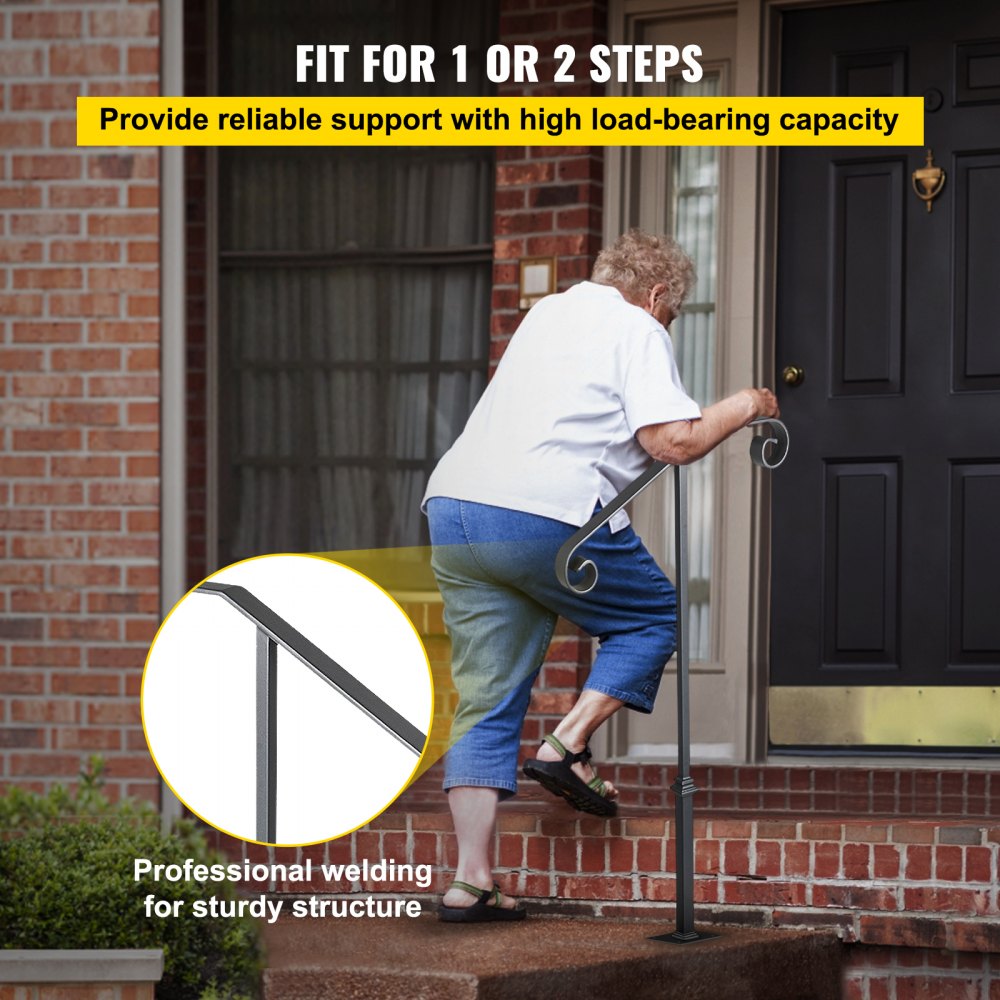 VEVOR Dark Gray Single  Post Handrail Fits 1 or 2 Steps Handrail Wrought Iron Single Post Wrought Iron Rail Single Post Railing Ornamental Top Hand Rail Stairs with Hardware for Outdoors Steps