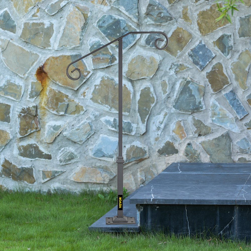 VEVOR Dark Gray Single  Post Handrail Fits 1 or 2 Steps Handrail Wrought Iron Single Post Wrought Iron Rail Single Post Railing Ornamental Top Hand Rail Stairs with Hardware for Outdoors Steps