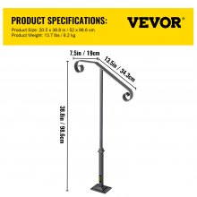 VEVOR Handrails for Outdoor Steps, Fit 1 or 2 Steps Outdoor Stair Railing, Single Post Wrought Iron Handrail, Gray Transitional Porch Railings for Concrete Steps or Wooden Stairs with Base