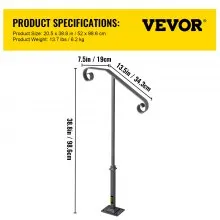 VEVOR Handrails for Outdoor Steps, Fit 1 or 2 Steps Outdoor Stair Railing, Single Post Wrought Iron Handrail, Gray Transitional Porch Railings for Concrete Steps or Wooden Stairs with Base