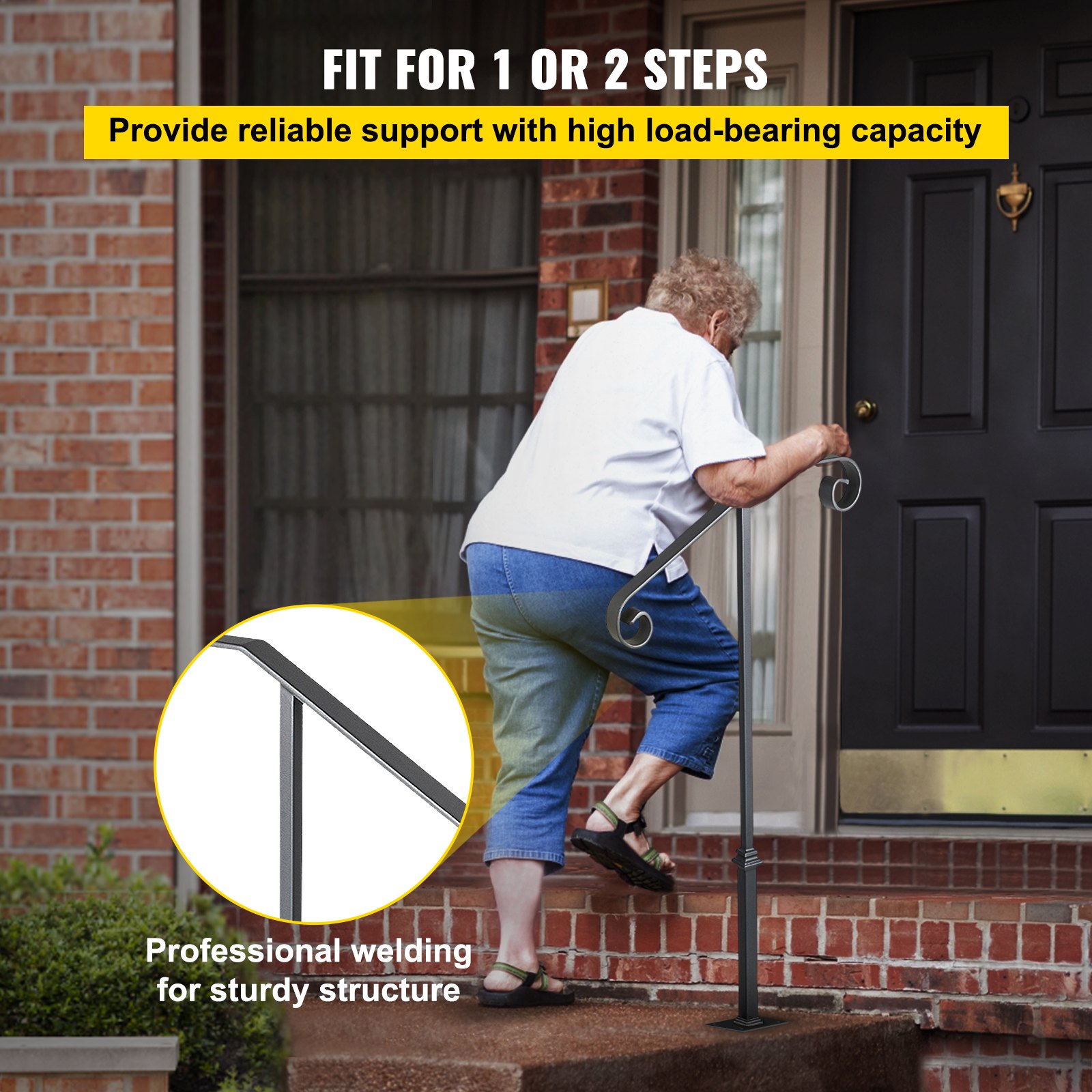 VEVOR Single Post Handrail Handrail Wrought Iron Fits 1 or 2 Steps Matte Gray