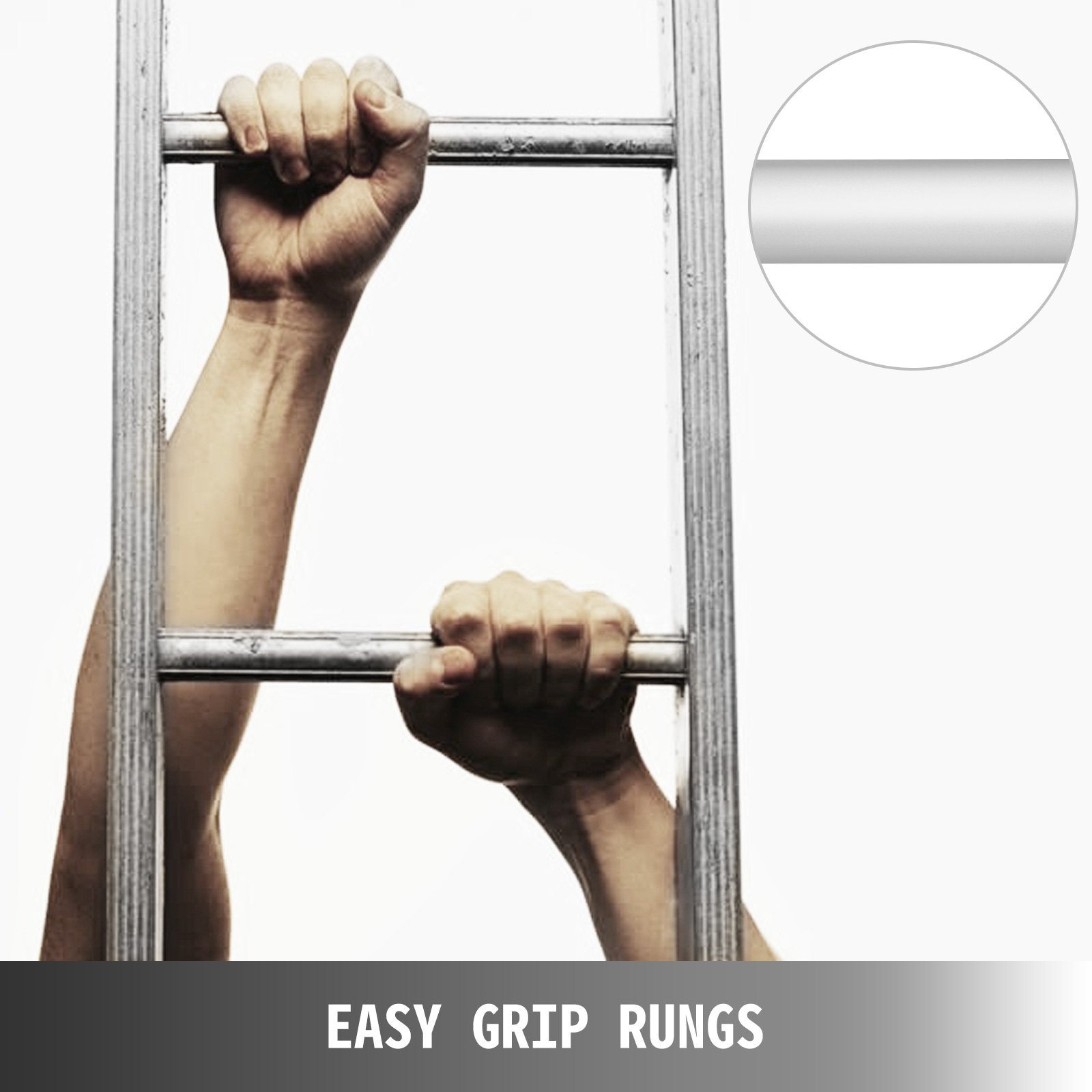 hands gripping VEVOR egress ladder with focus on durable, easy-grip rungs.