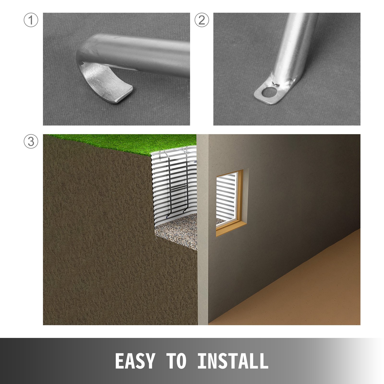 three views showing components and installation of VEVOR egress ladder. easy to install.