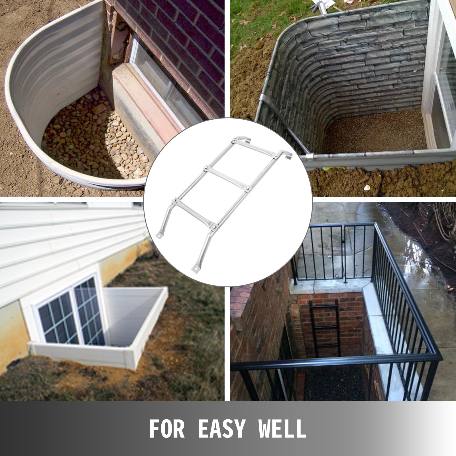 VEVOR egress ladder installed in various window wells for emergency exits.