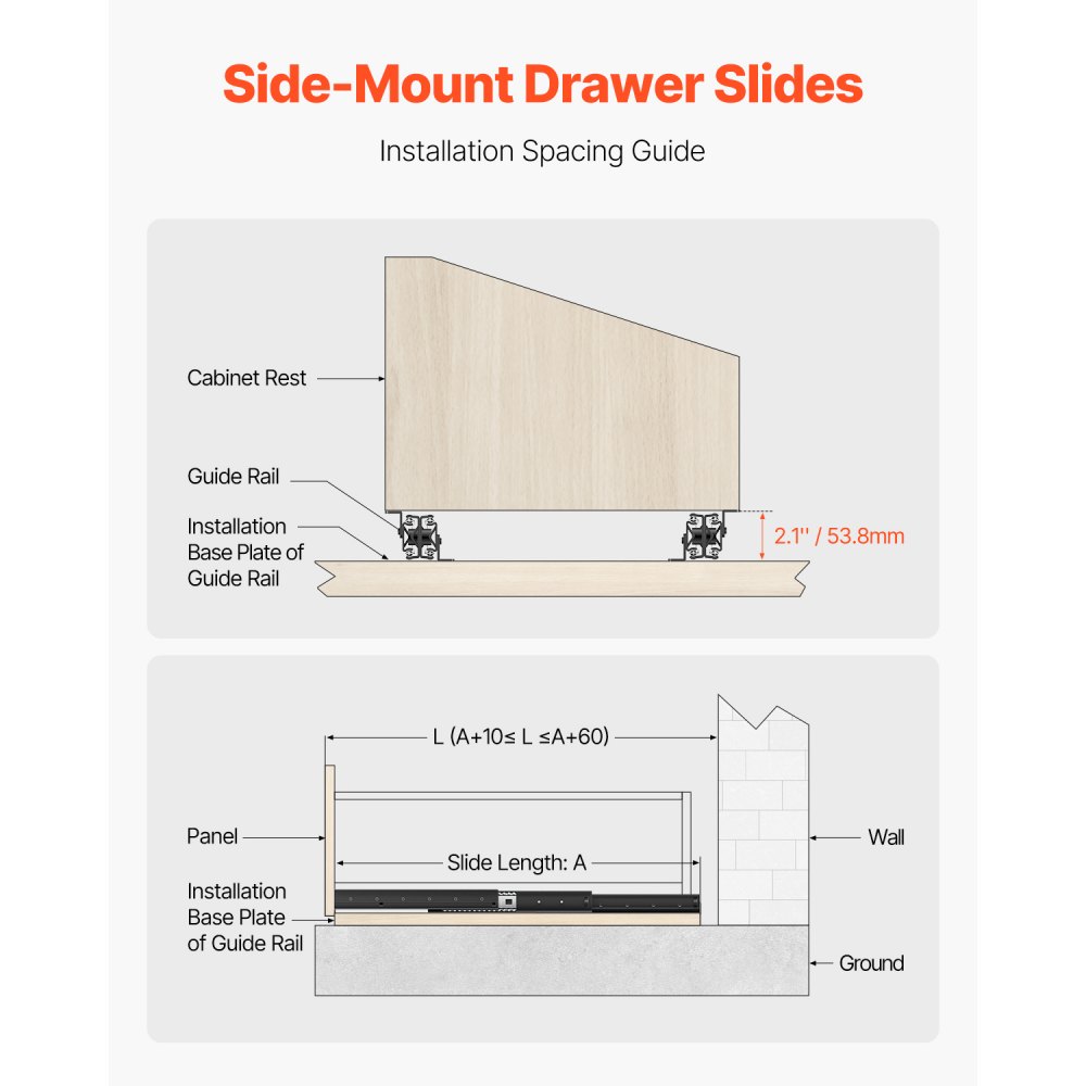 VEVOR Undermount Drawer Slides 24 inch Under Stair Cabinet Rails 260 LB Load