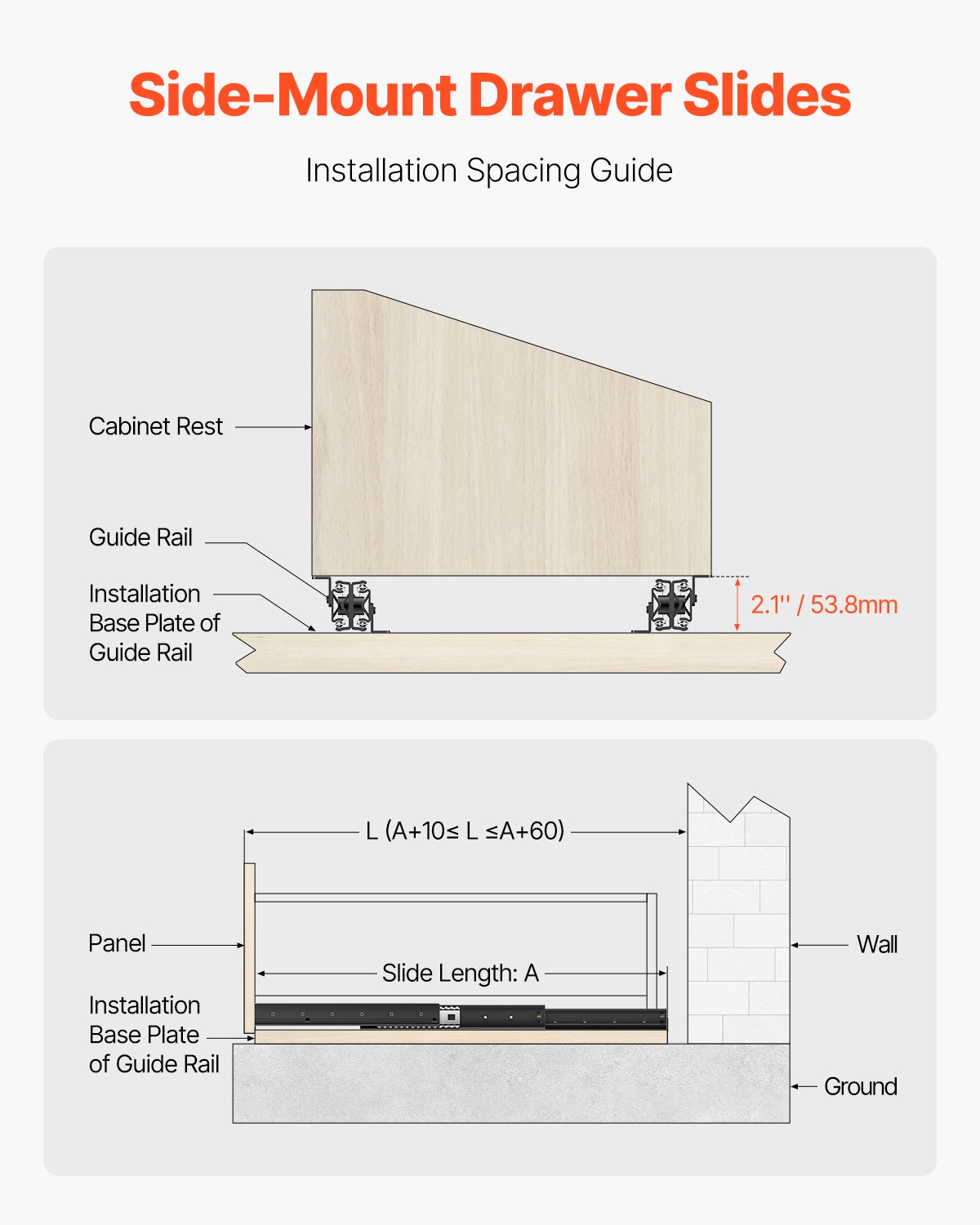 VEVOR Undermount Drawer Slides 24 inch Under Stair Cabinet Rails 260 LB Load
