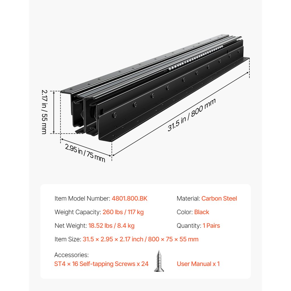 VEVOR Undermount Drawer Slides, 32 inch, Full Extension Ball Bearing Under Stair Cabinet Rails, 260 LB Load Capacity Heavy Duty Bottom Stair Cabinet Glides Track Runners,for DIY Replacement, Black