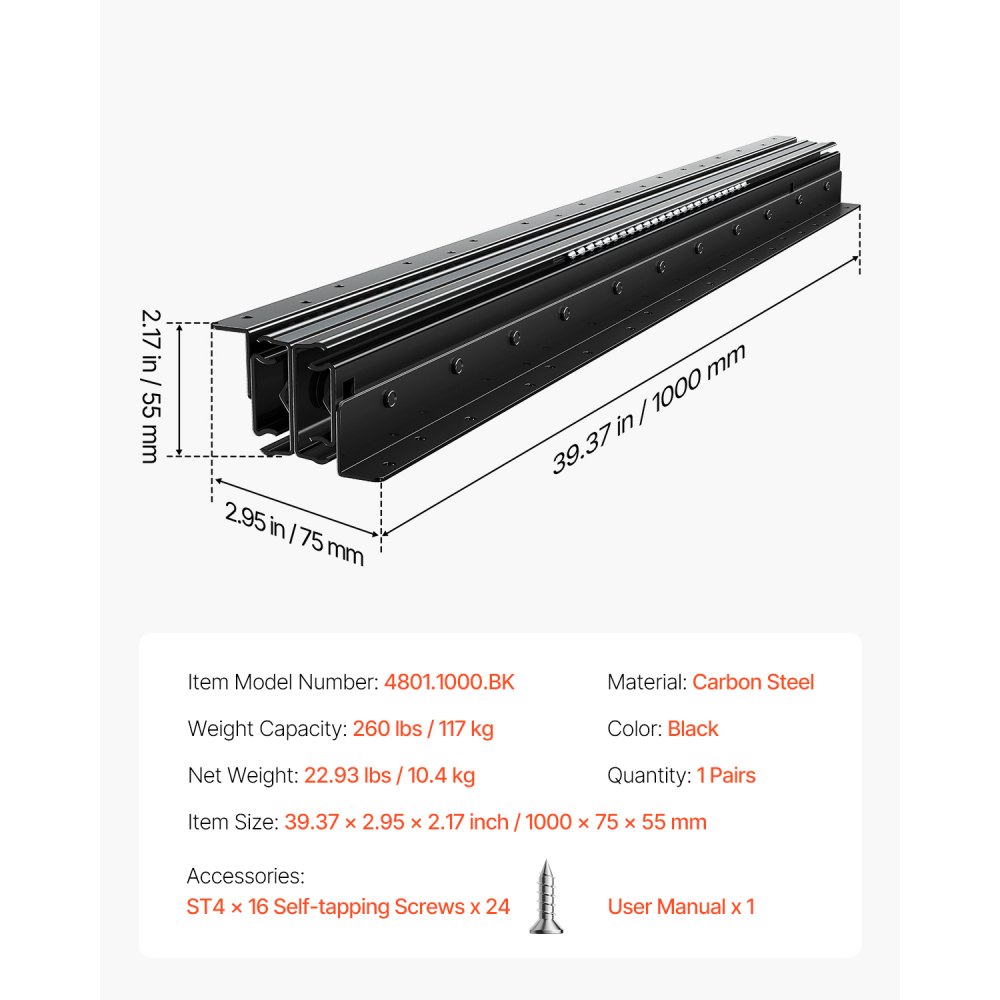 VEVOR Undermount Drawer Slides, 40 inch, Full Extension Ball Bearing Under Stair Cabinet Rails, 260 LB Load Capacity Heavy Duty Bottom Stair Cabinet Glides Track Runners,for DIY Replacement, Black