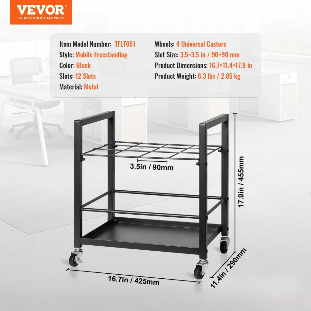 VEVOR Blueprint Storage Rack, 12 Slots Blueprint Holder with Wheels, Mobile Metal Blueprint Storage Cart for Map Poster Architectural Construction Plan, Roll File Organizer for Home, Office, School
