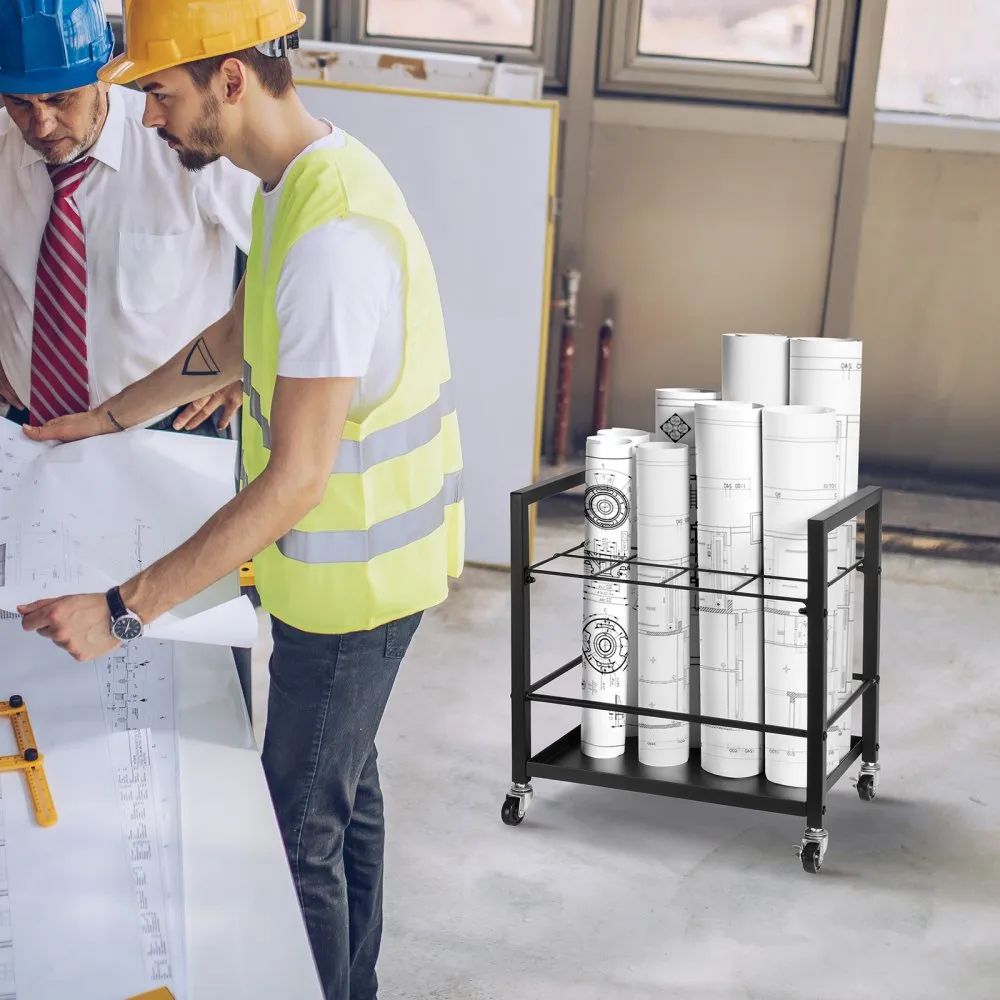 VEVOR Blueprint Storage Rack, 12 Slots Blueprint Holder with Wheels, Mobile Metal Blueprint Storage Cart for Map Poster Architectural Construction Plan, Roll File Organizer for Home, Office, School